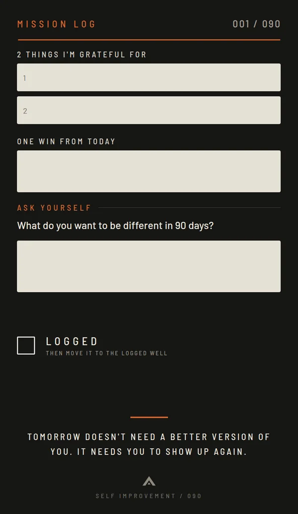 Mission 001 card back: two things I'm grateful for, one win from today, an Ask Yourself question, then the LOGGED box