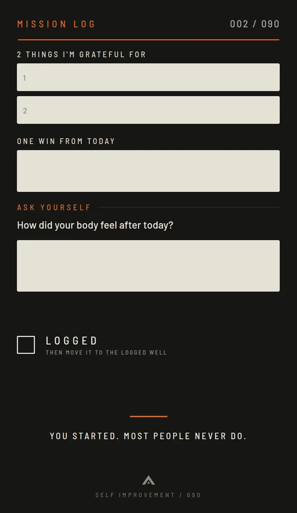 Mission 002 card back: two things I'm grateful for, one win from today, an Ask Yourself question, then the LOGGED box