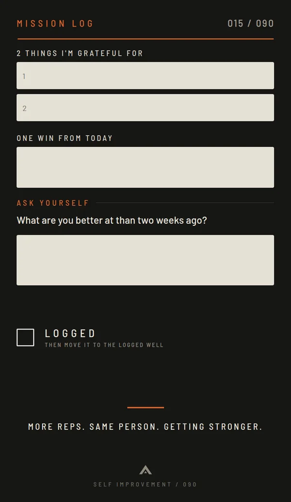 Mission 015 card back: two things I'm grateful for, one win from today, an Ask Yourself question, then the LOGGED box