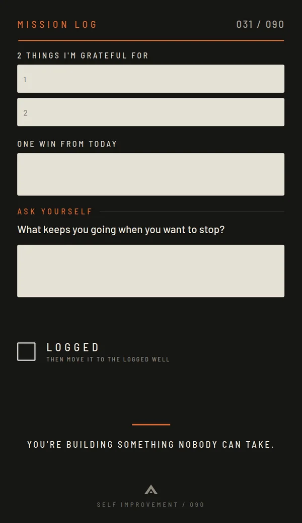 Mission 031 card back: two things I'm grateful for, one win from today, an Ask Yourself question, then the LOGGED box