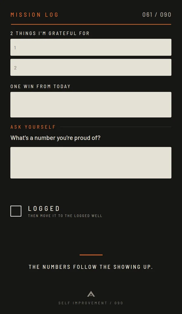Mission 061 card back: two things I'm grateful for, one win from today, an Ask Yourself question, then the LOGGED box