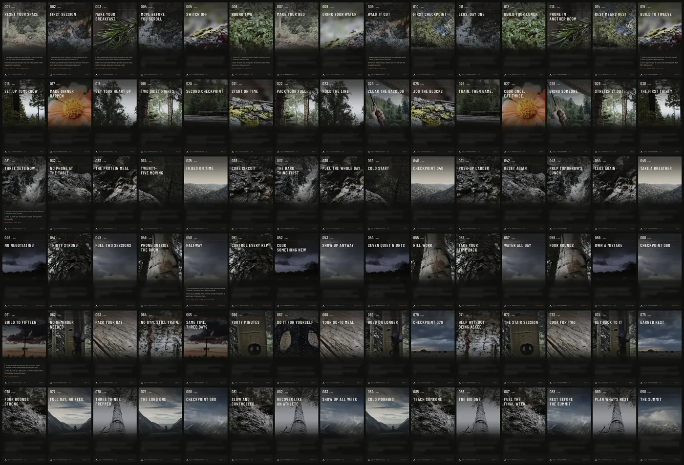 All 90 card fronts in order, 001 to 090. The photos move from creek water and forest floor to rock, storm, aspen bark, the climb and the summit.