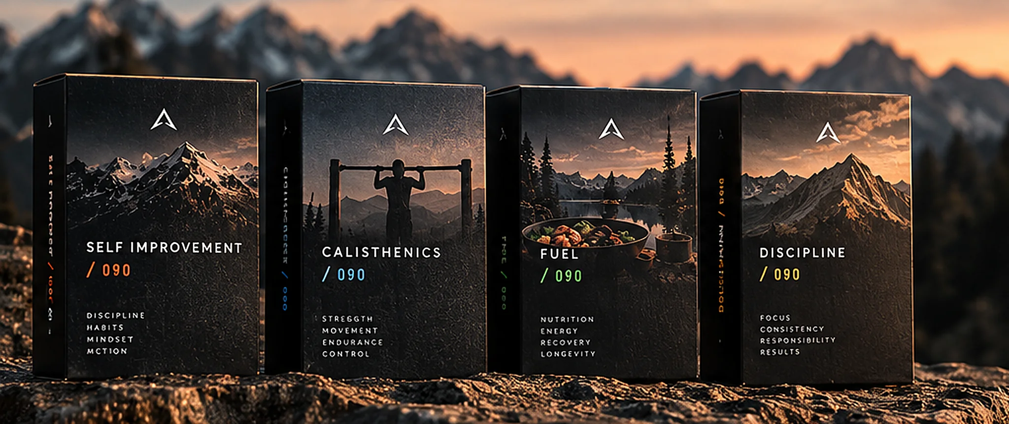 Concept render: Self Improvement, Calisthenics, Fuel and Discipline boxes side by side